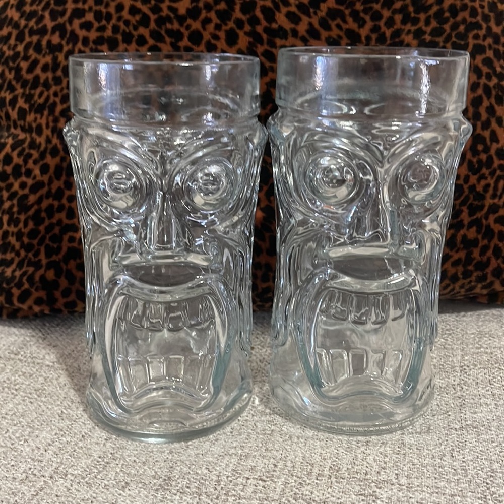 Screaming Tiki Glass Anchor Hocking Clear Glass ~ Two (2)